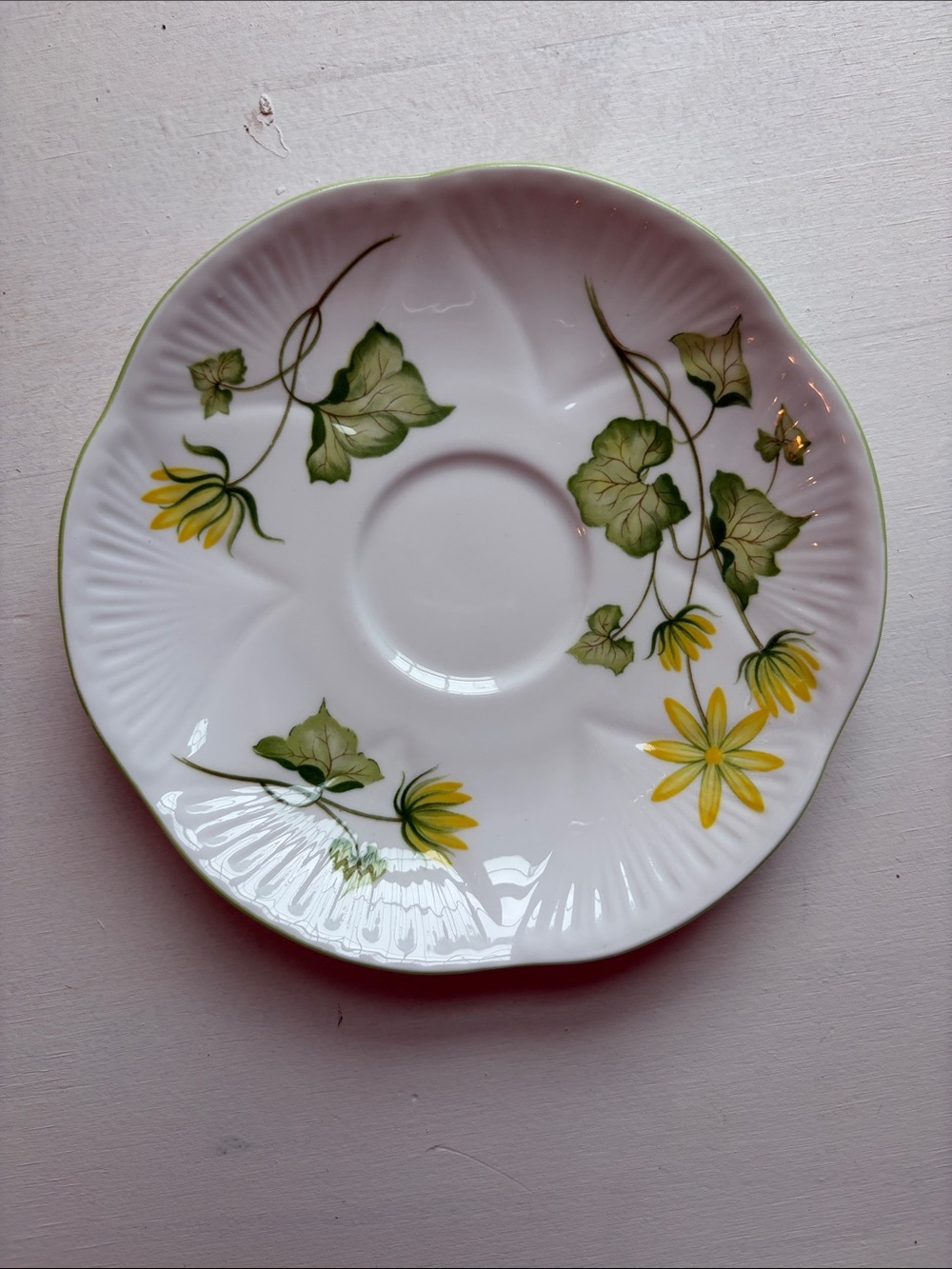 Vintage MCM Shelley Porcelain Floral Saucer in White and Yellow